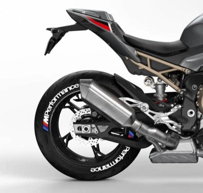 M Performance Motorcycle Tire Stickers shown on a tire or vehicle wheel