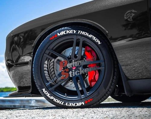 Mickey Thompson Tire Stickers shown on a tire or vehicle wheel