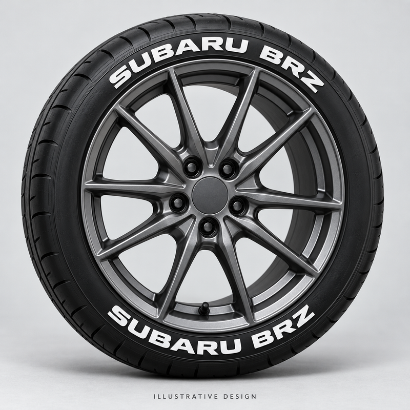 Illustrative SUBARU BRZ tire lettering mockup; not an actual installation photograph.