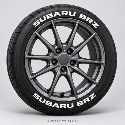 Illustrative SUBARU BRZ tire lettering mockup; not an actual installation photograph.