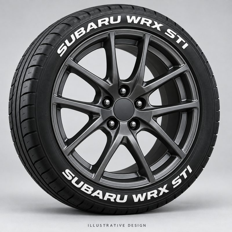 Illustrative SUBARU WRX STI tire lettering mockup; not an actual installation photograph.
