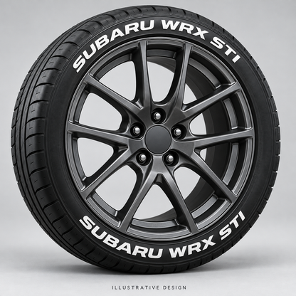 Illustrative SUBARU WRX STI tire lettering mockup; not an actual installation photograph.