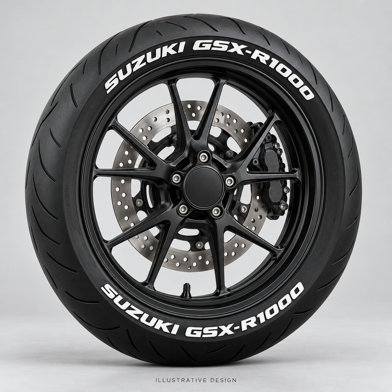 Illustrative SUZUKI GSX-R1000 tire lettering mockup; not an actual installation photograph.