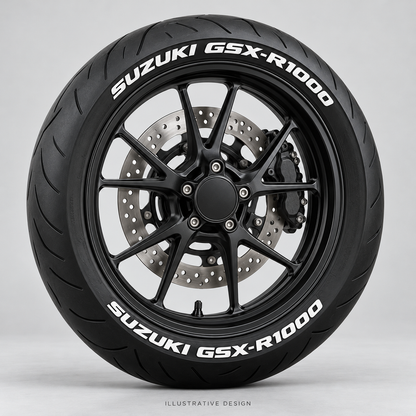 Illustrative SUZUKI GSX-R1000 tire lettering mockup; not an actual installation photograph.