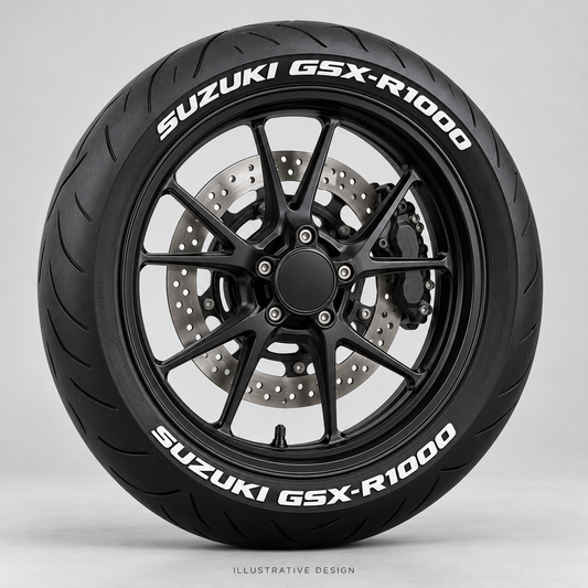 Illustrative SUZUKI GSX-R1000 tire lettering mockup; not an actual installation photograph.