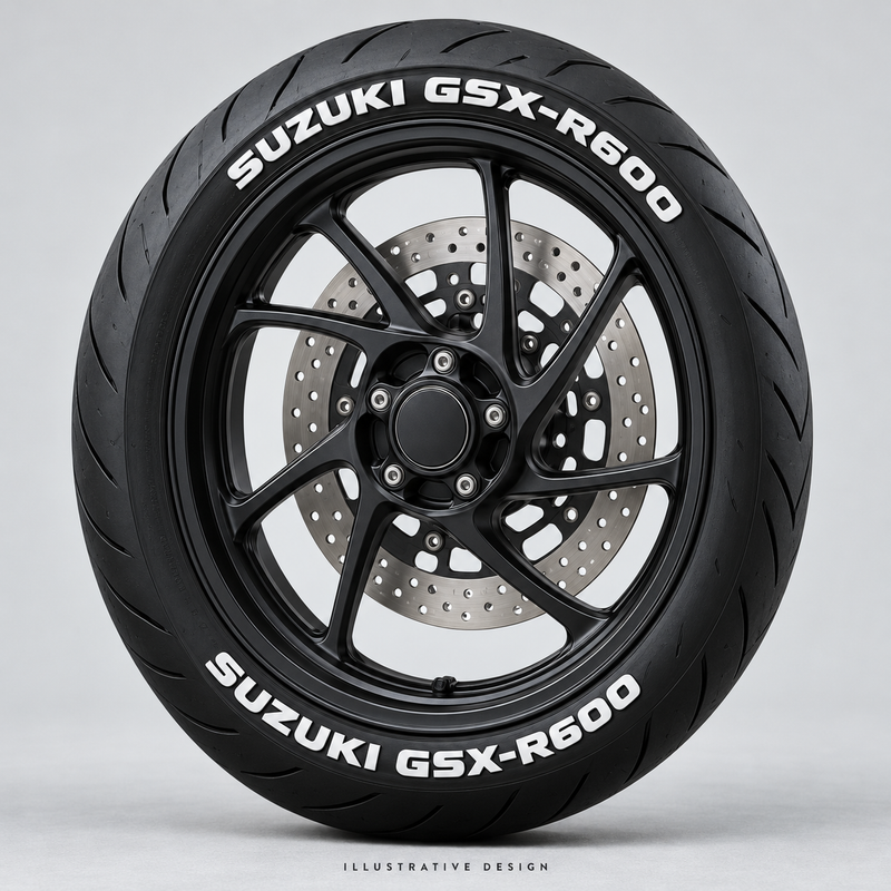 Illustrative SUZUKI GSX-R600 tire lettering mockup; not an actual installation photograph.