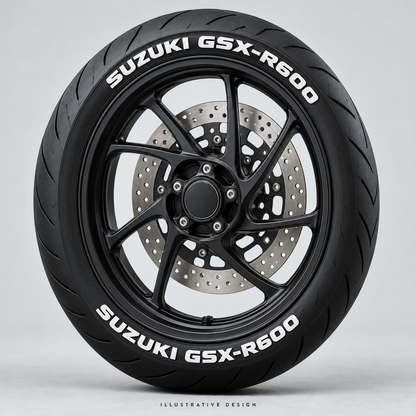 Illustrative SUZUKI GSX-R600 tire lettering mockup; not an actual installation photograph.