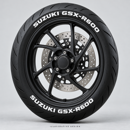 Illustrative SUZUKI GSX-R600 tire lettering mockup; not an actual installation photograph.
