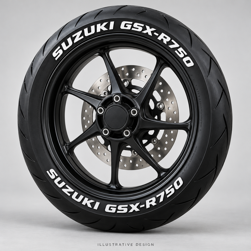 Illustrative SUZUKI GSX-R750 tire lettering mockup; not an actual installation photograph.