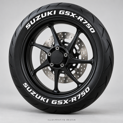 Illustrative SUZUKI GSX-R750 tire lettering mockup; not an actual installation photograph.