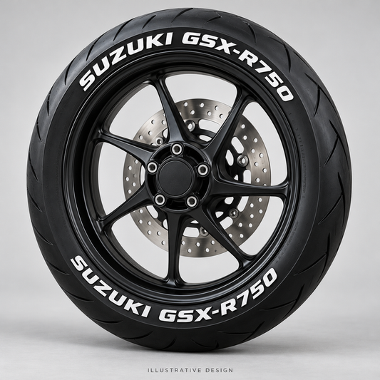 Illustrative SUZUKI GSX-R750 tire lettering mockup; not an actual installation photograph.