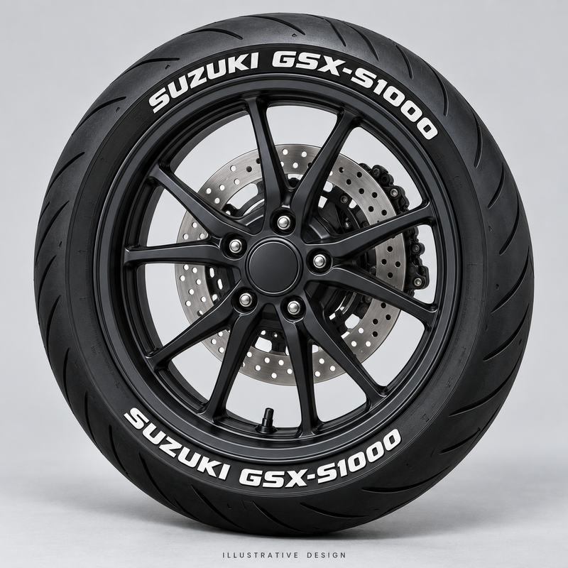Illustrative SUZUKI GSX-S1000 tire lettering mockup; not an actual installation photograph.