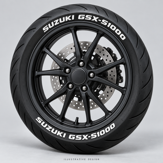 Illustrative SUZUKI GSX-S1000 tire lettering mockup; not an actual installation photograph.