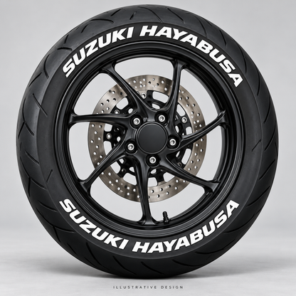 Illustrative SUZUKI HAYABUSA tire lettering mockup; not an actual installation photograph.