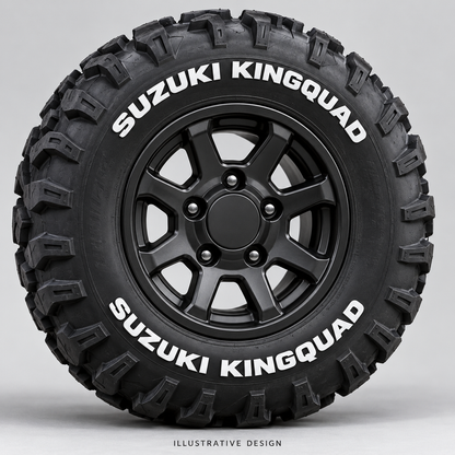 Illustrative SUZUKI KINGQUAD tire lettering mockup; not an actual installation photograph.