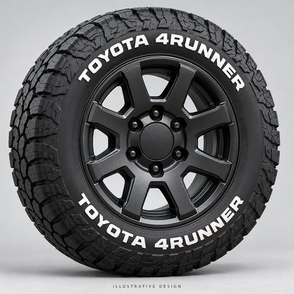 Illustrative TOYOTA 4RUNNER tire lettering mockup; not an actual installation photograph.