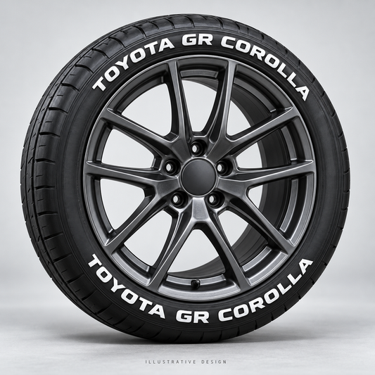 Illustrative TOYOTA GR COROLLA tire lettering mockup; not an actual installation photograph.