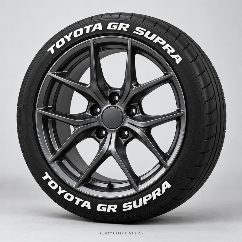 Illustrative TOYOTA GR SUPRA tire lettering mockup; not an actual installation photograph.