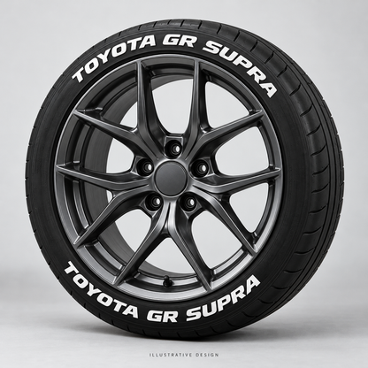 Illustrative TOYOTA GR SUPRA tire lettering mockup; not an actual installation photograph.