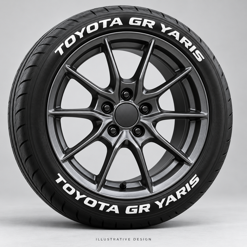 Illustrative TOYOTA GR YARIS tire lettering mockup; not an actual installation photograph.