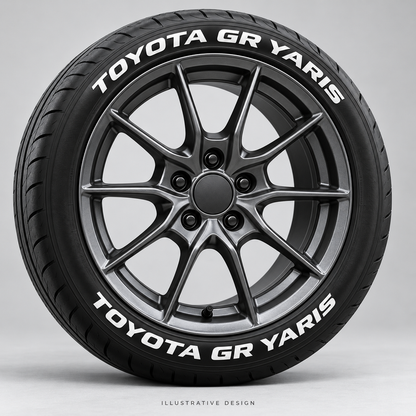 Illustrative TOYOTA GR YARIS tire lettering mockup; not an actual installation photograph.