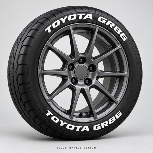 Illustrative TOYOTA GR86 tire lettering mockup; not an actual installation photograph.