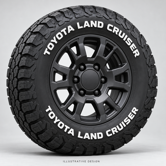 Illustrative TOYOTA LAND CRUISER tire lettering mockup; not an actual installation photograph.