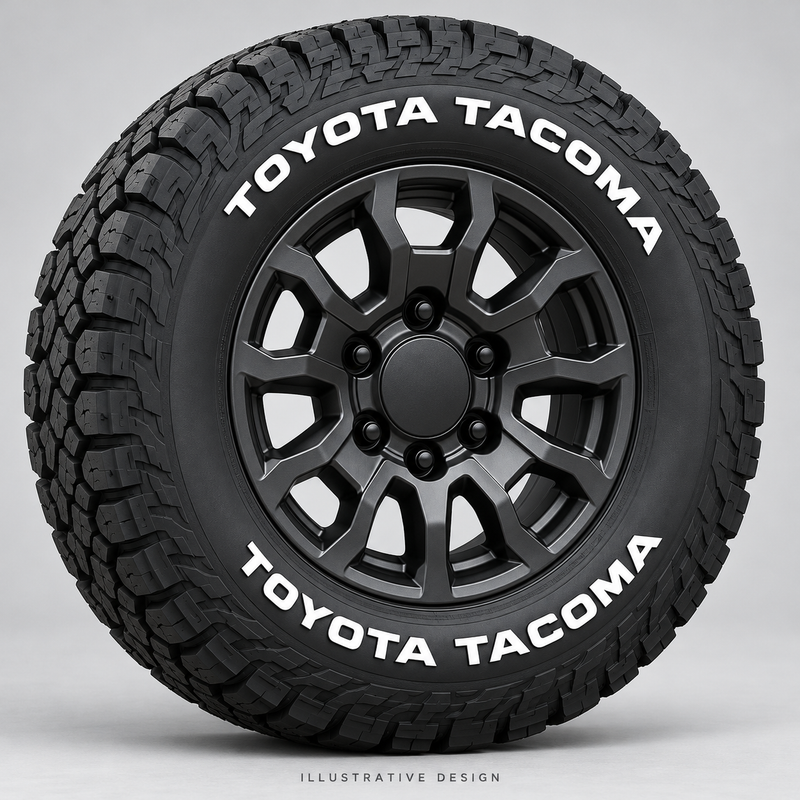 Illustrative TOYOTA TACOMA tire lettering mockup; not an actual installation photograph.