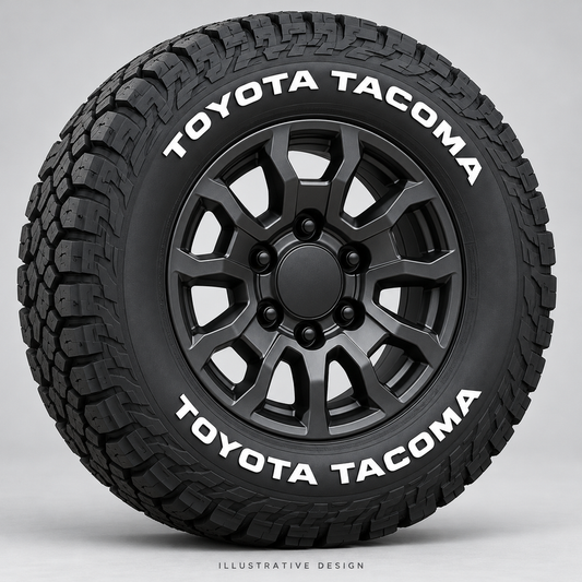 Illustrative TOYOTA TACOMA tire lettering mockup; not an actual installation photograph.