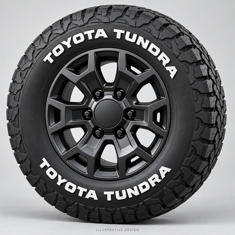 Illustrative TOYOTA TUNDRA tire lettering mockup; not an actual installation photograph.