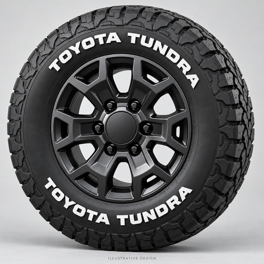 Illustrative TOYOTA TUNDRA tire lettering mockup; not an actual installation photograph.