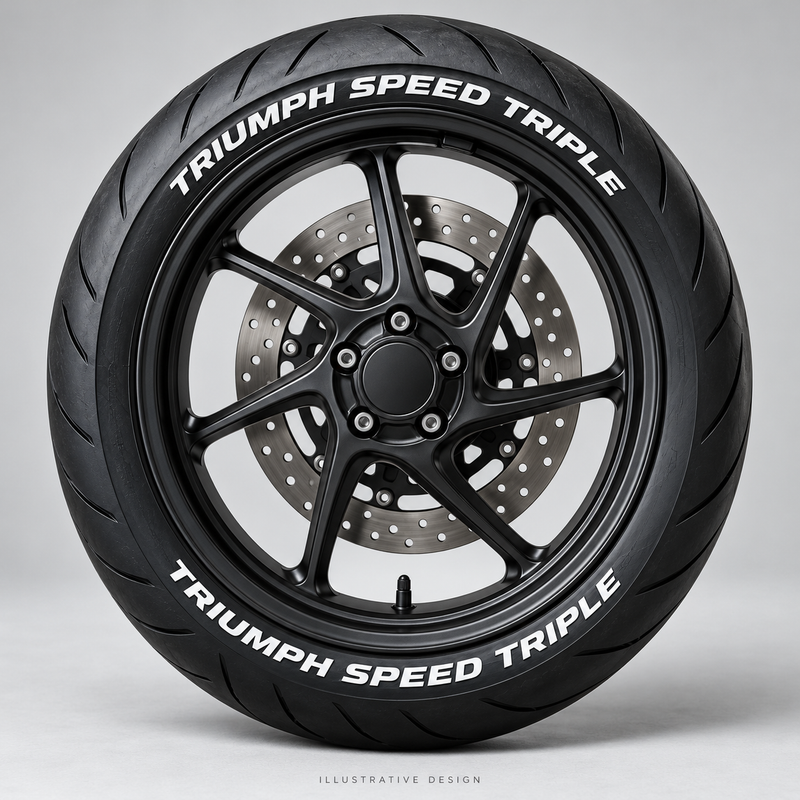 Illustrative TRIUMPH SPEED TRIPLE tire lettering mockup; not an actual installation photograph.