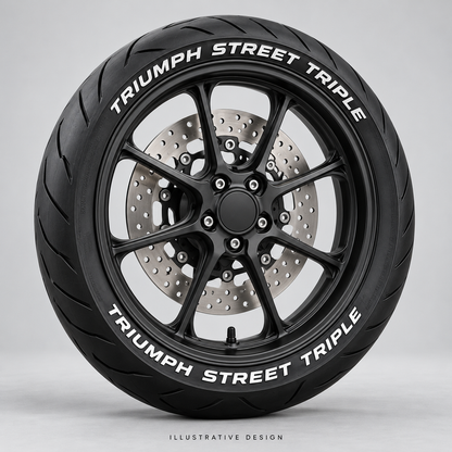 Illustrative TRIUMPH STREET TRIPLE tire lettering mockup; not an actual installation photograph.