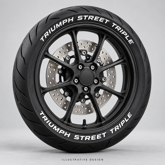 Illustrative TRIUMPH STREET TRIPLE tire lettering mockup; not an actual installation photograph.