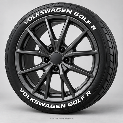 Illustrative VOLKSWAGEN GOLF R tire lettering mockup; not an actual installation photograph.