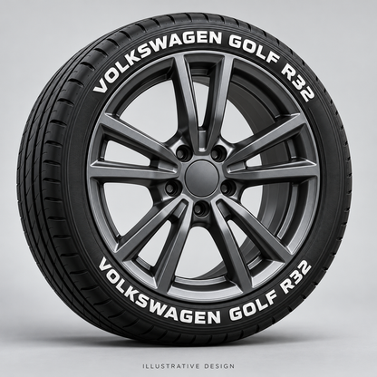 Illustrative VOLKSWAGEN GOLF R32 tire lettering mockup; not an actual installation photograph.