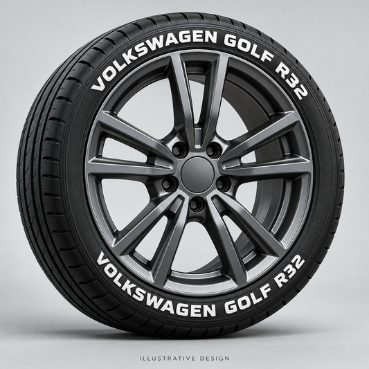 Illustrative VOLKSWAGEN GOLF R32 tire lettering mockup; not an actual installation photograph.