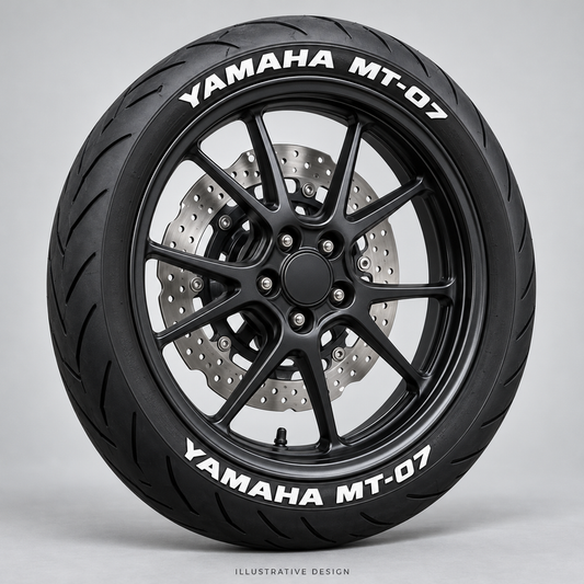 Illustrative YAMAHA MT-07 tire lettering mockup; not an actual installation photograph.