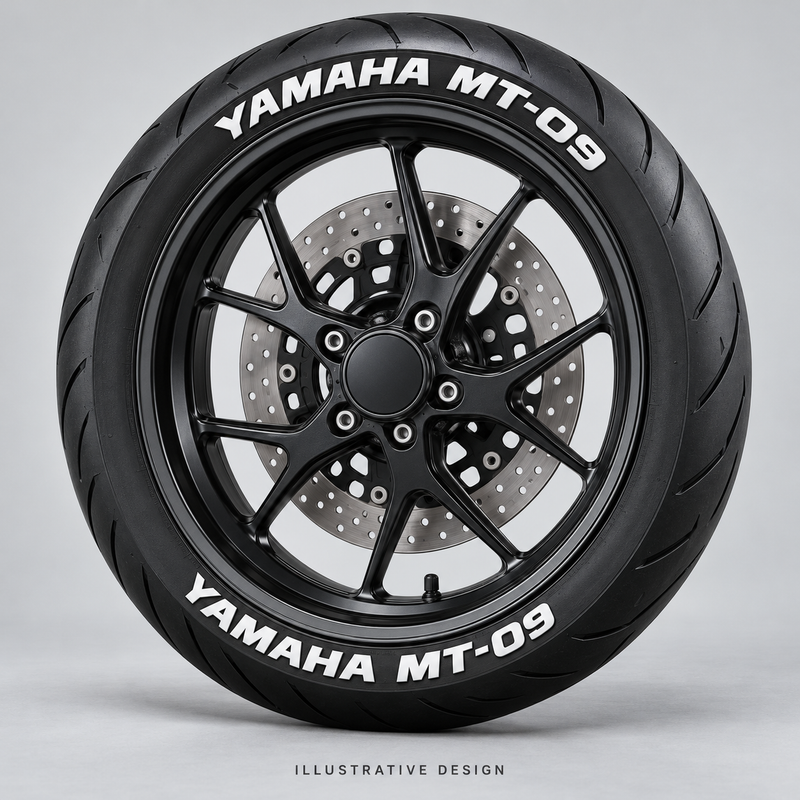 Illustrative YAMAHA MT-09 tire lettering mockup; not an actual installation photograph.