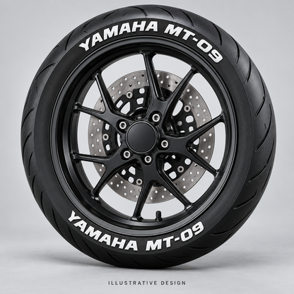Illustrative YAMAHA MT-09 tire lettering mockup; not an actual installation photograph.