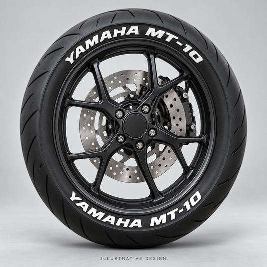 Illustrative YAMAHA MT-10 tire lettering mockup; not an actual installation photograph.