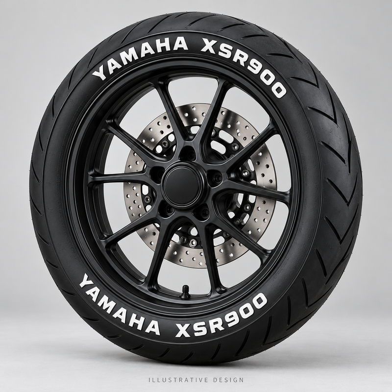 Illustrative YAMAHA XSR900 tire lettering mockup; not an actual installation photograph.