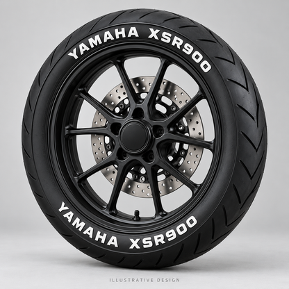 Illustrative YAMAHA XSR900 tire lettering mockup; not an actual installation photograph.