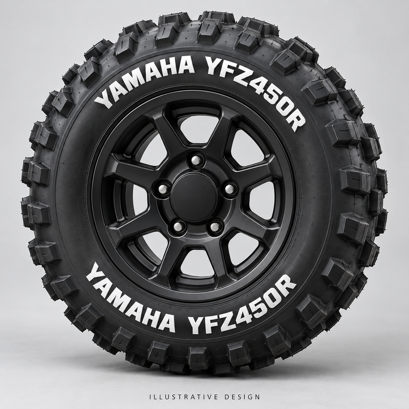 Illustrative YAMAHA YFZ450R tire lettering mockup; not an actual installation photograph.