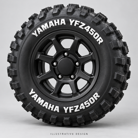 Illustrative YAMAHA YFZ450R tire lettering mockup; not an actual installation photograph.