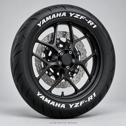 Illustrative YAMAHA YZF-R1 tire lettering mockup; not an actual installation photograph.