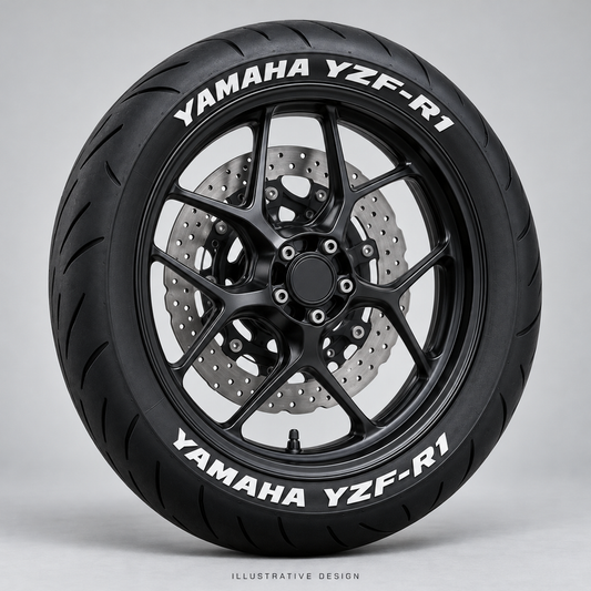 Illustrative YAMAHA YZF-R1 tire lettering mockup; not an actual installation photograph.