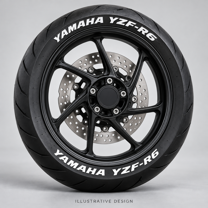 Illustrative YAMAHA YZF-R6 tire lettering mockup; not an actual installation photograph.