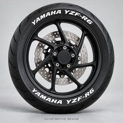 Illustrative YAMAHA YZF-R6 tire lettering mockup; not an actual installation photograph.