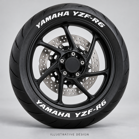 Illustrative YAMAHA YZF-R6 tire lettering mockup; not an actual installation photograph.